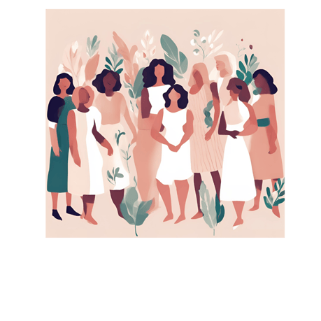 Illustration of diverse group of women standing together with leafy plants in the background, symbolising community, strength, and support.