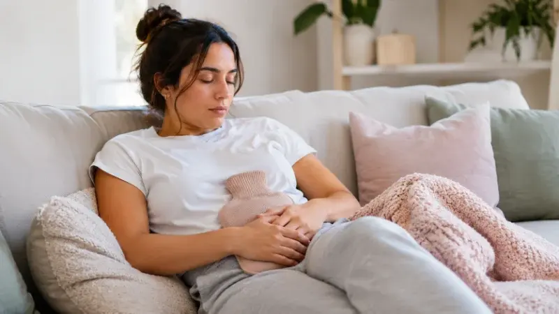 Woman resting on the sofa with a hot water bottle to ease pelvic pain