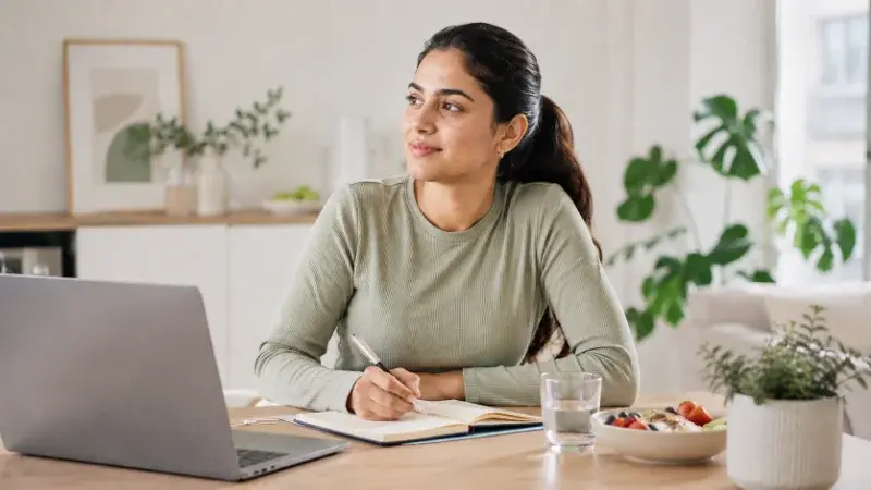 Woman journaling at her laptop at home, managing PMOS